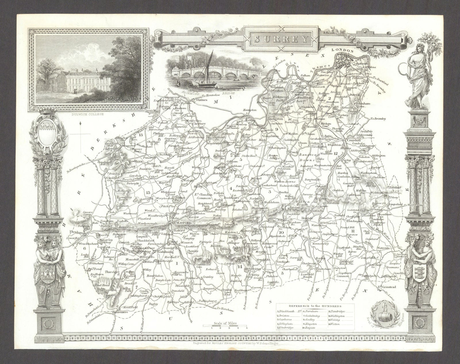 Surrey antique county map by Thomas Moule 1837 old plan chart